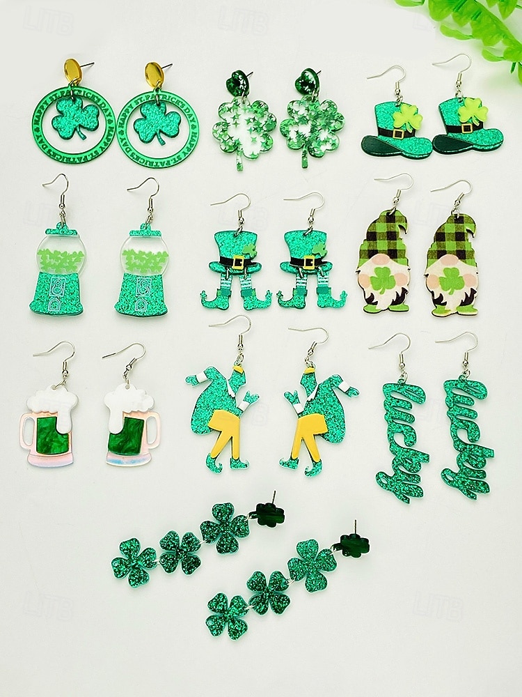 Boucles d'oreilles trèfle en acrylique pour femmes, idéales pour la Saint-Patrick. Modèle léger à paillettes, plusieurs styles disponibles sur le thème du trèfle et de l'Irlande, parfaites pour les défilés, les fêtes, les événements et les célébrations. de 2026 ? $7.99 –P6