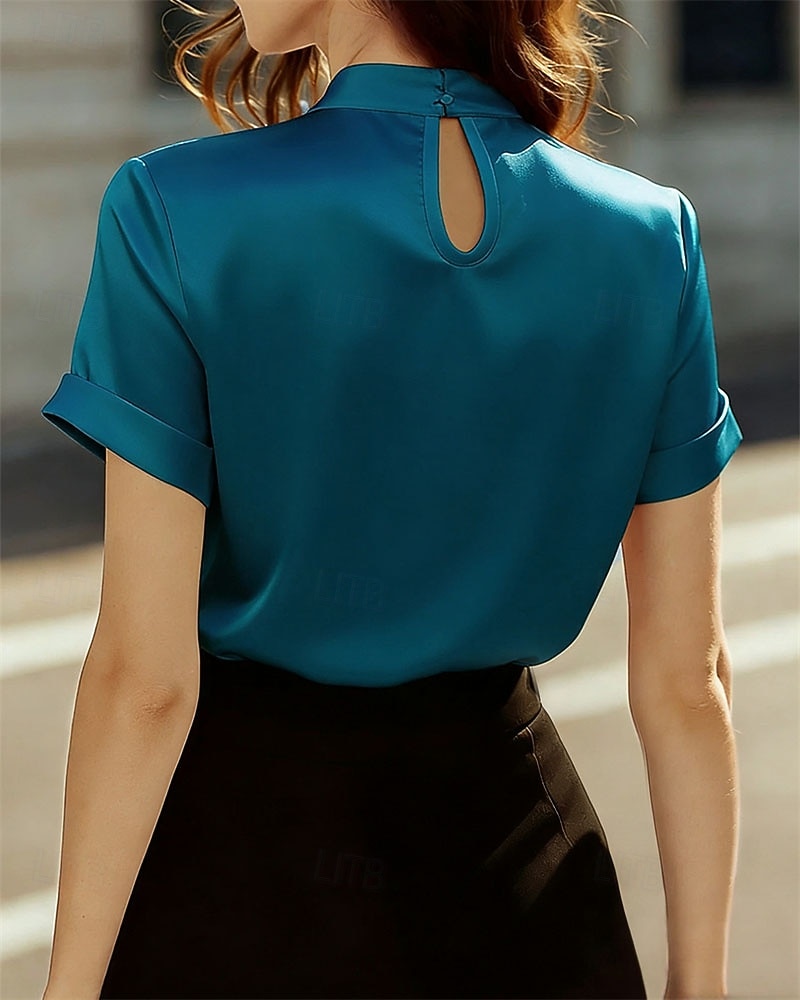 Damen Hemd Elegant Satin-Top Bluse Gerafft Patchwork Drapiert Einfarbig Einfach Elegant Vintage Täglich Kurzarm Hoher Ausschnitt Normale Oberteile Täglich Arbeit Ferien Schwarz Rote Grün Beige 2026 - $26.99 –P4