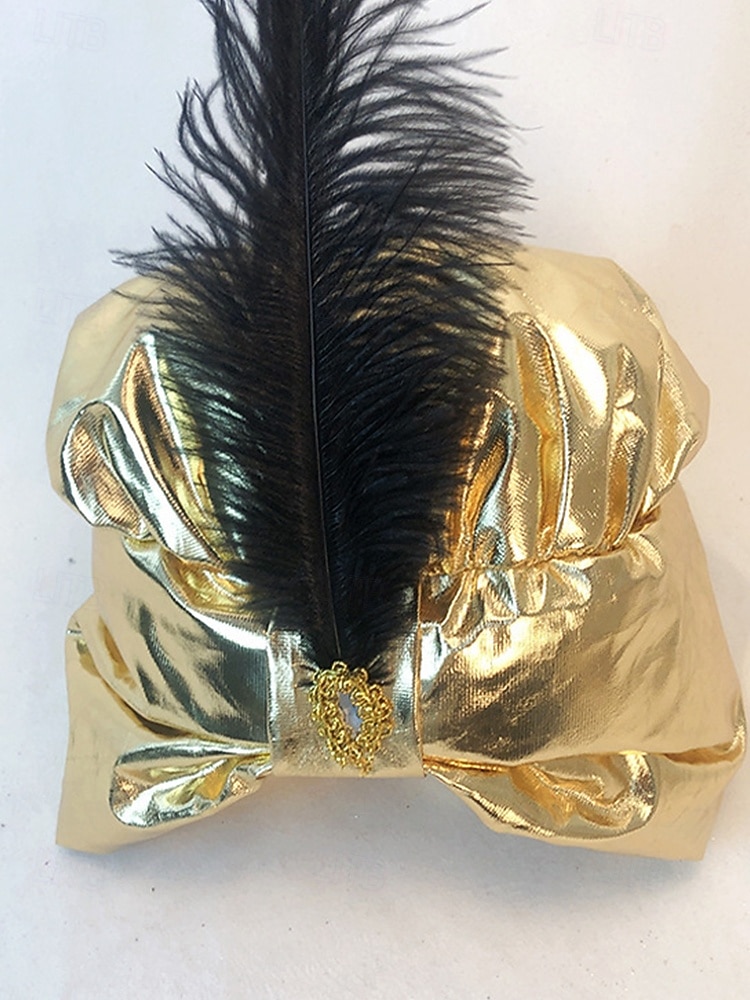 Pánský zlatý metalický polyesterový klobouk na Mardi Gras s peřím a broží - princ sultán nebo arabská pokrývka hlavy pro karneval a maškarní akce 2026 - $14.99 –P6