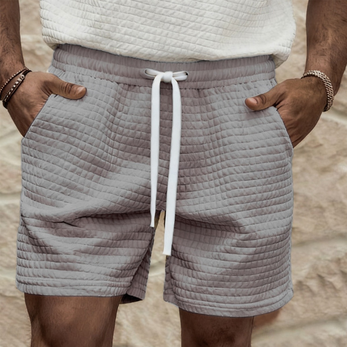 Herren Waffel Shorts Sommershorts Strandshorts Freizeitshorts Kordelzug Elastischer Bund Einfarbig Komfort Knielang Täglich Outdoor Streetwear Urlaub Mode Schwarz Weiß Mikroelastisch 2026 - $18.99 –P5