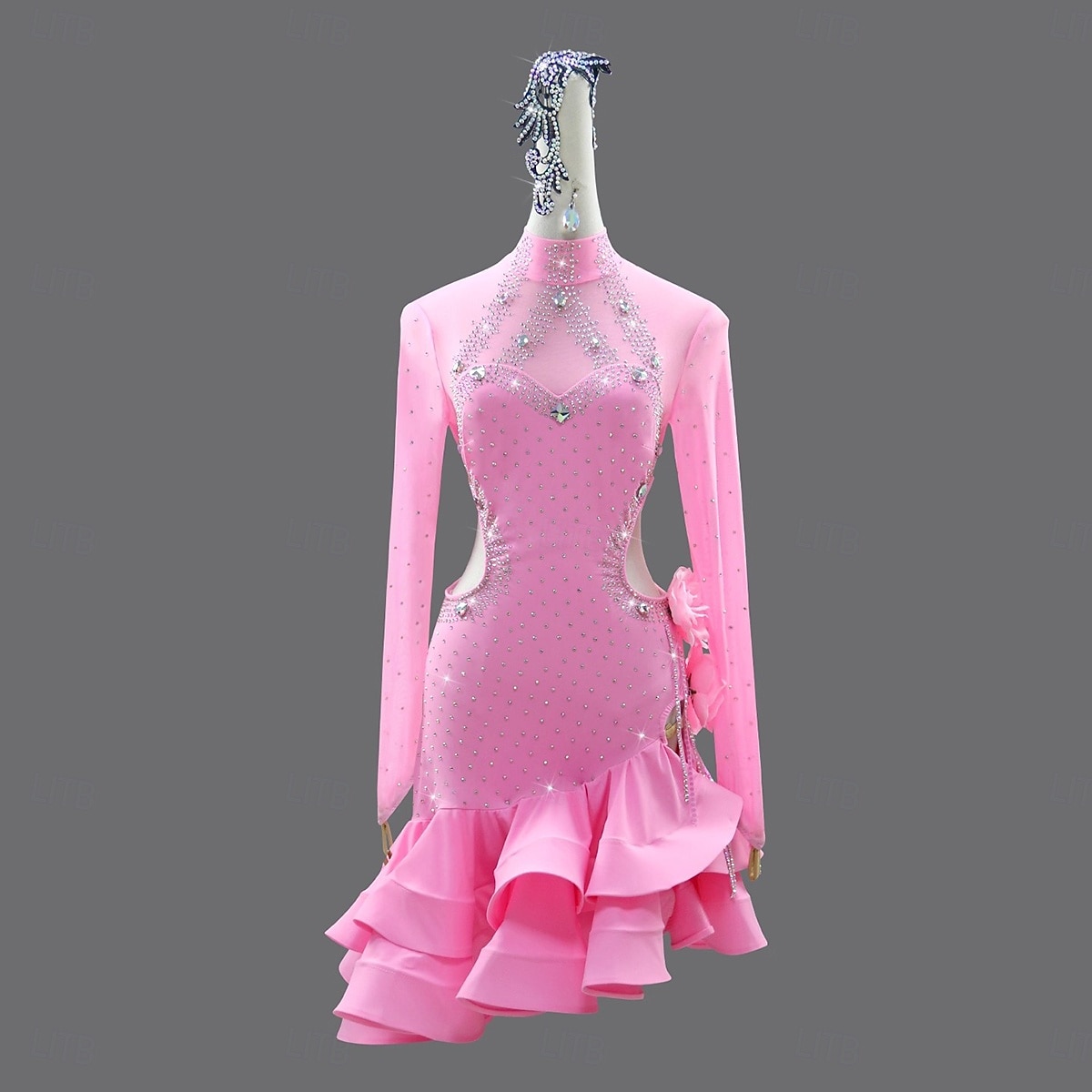 latinalainen salsatanssipuku kristallilla / strassilla koristeltu naisten juhlaesitys pitkähihainen rumba chacha -lavakilpailuasu 2026 - $305.19 –P2