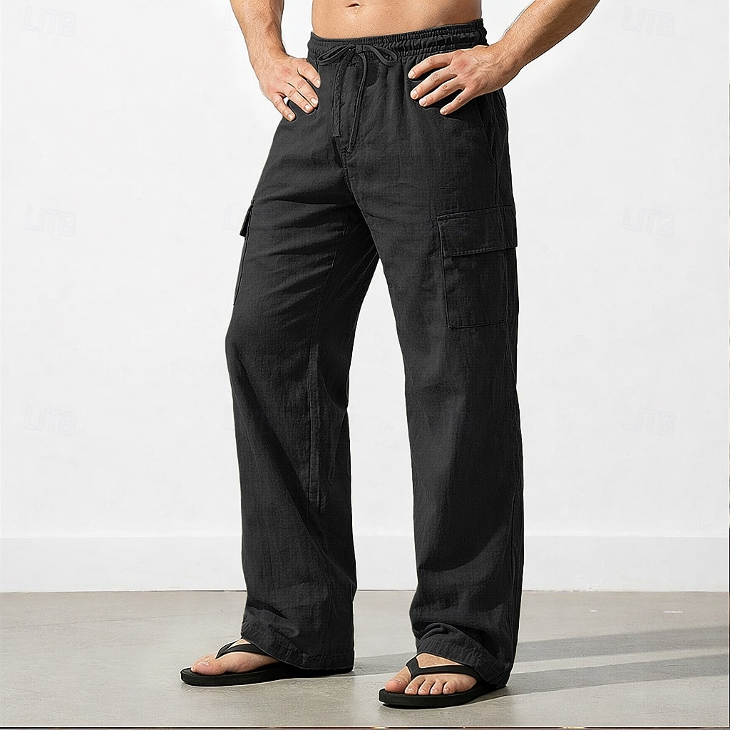 Men's Cargo Pants Linen Pants Trousers Summer Pants Drawstring Elastic Waist Multi Pocket Plain Comfort Breathable Full Length Casual Daily Holiday Vacation Fashion Black White Inelastic 2026 - $28.99 –P12