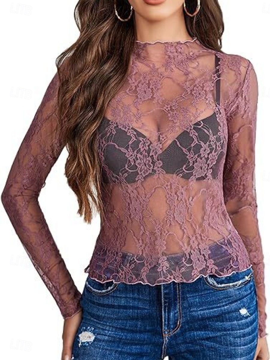 Per donna Camicia popover Camicia casual Blusa Pizzo Patchwork Tinta unica Elegante Casual Manica Lunga Collo alla coreana Top Regolari Quotidiano Feste Ferie Nero Bianco Rosa Rosso Fucsia Estate del 2026 a $19.99 –P7