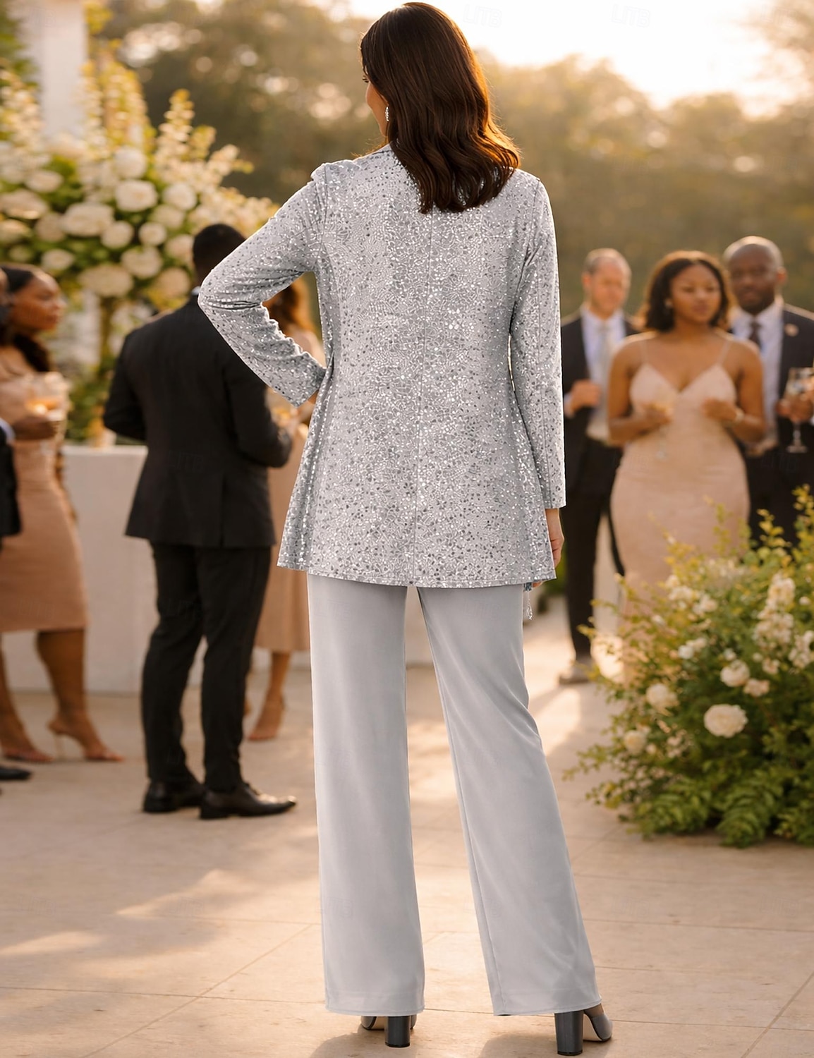 Terninho Traje de 3 peças Longo Vestido Para Mãe dos Noivos Sem Manga Scoop pescoço Elegante Convidado do casamento Chiffon Renda Embrulho incluido com Lantejoulas de 2026 por $183.99 –P2