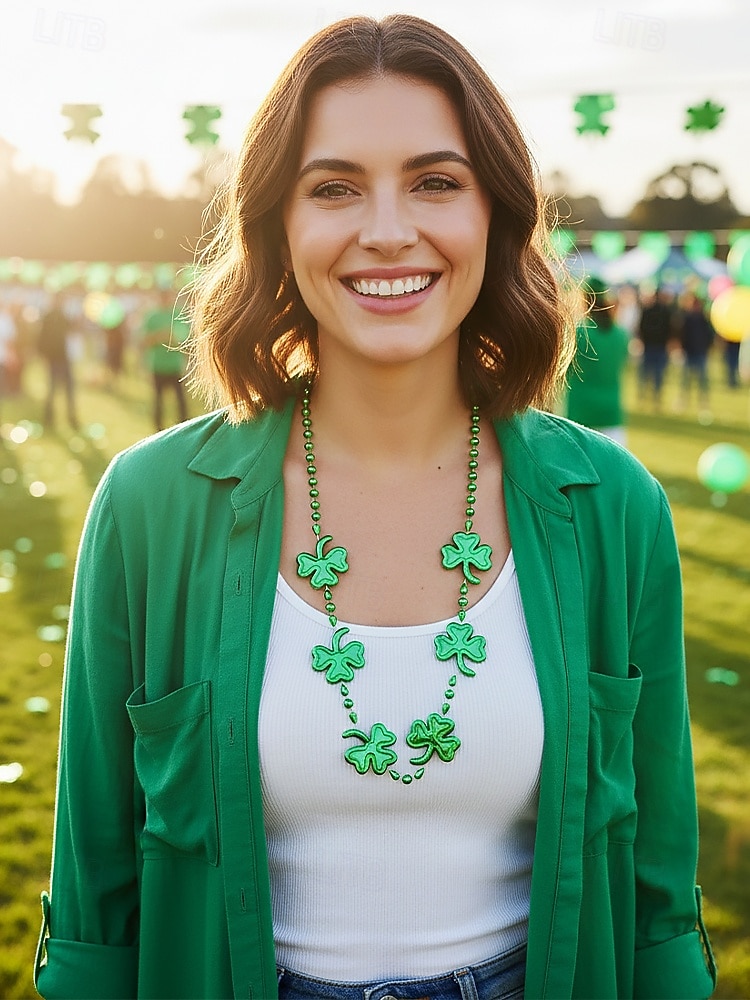 Halsband i akryl för kvinnor, St. Patrick's Day, med klöver- och hattmönster, flera stilar, gröna pärlor, perfekt för högtidsfiranden och festtillbehör. 2026 - $7.99 –P2
