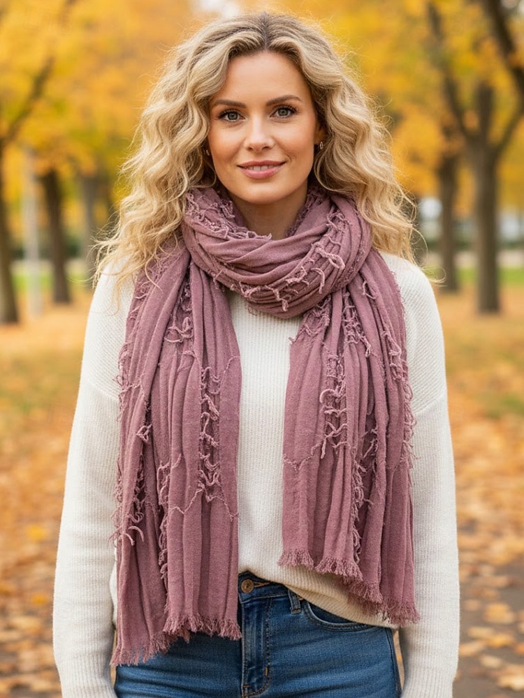 Naisten puuvilla-pellavahuivi hapsutetuilla tupsuilla – boheemi tyyli, useita värejä, kevyt ja mukava arkeen ja vapaa-aikaan 2026 - $14.99 –P1