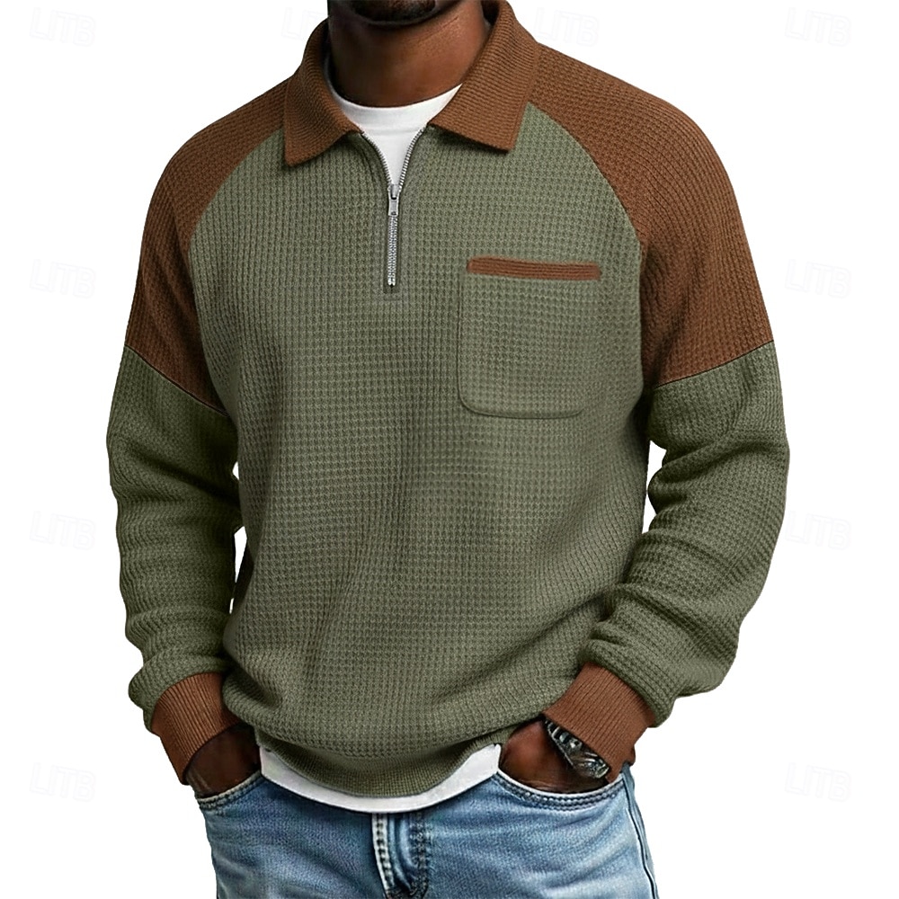 Pánské Vaflové tričko Polo na zip Dlouhý rukáv Polo límec Svetr Čtvrtletní zip Podzim Podzim zima Pevná barva Barevné bloky Tradiční a retro Na běžné nošení Slátanina Barevné bloky Ležérní Dom 2026 - $24.99 –P2