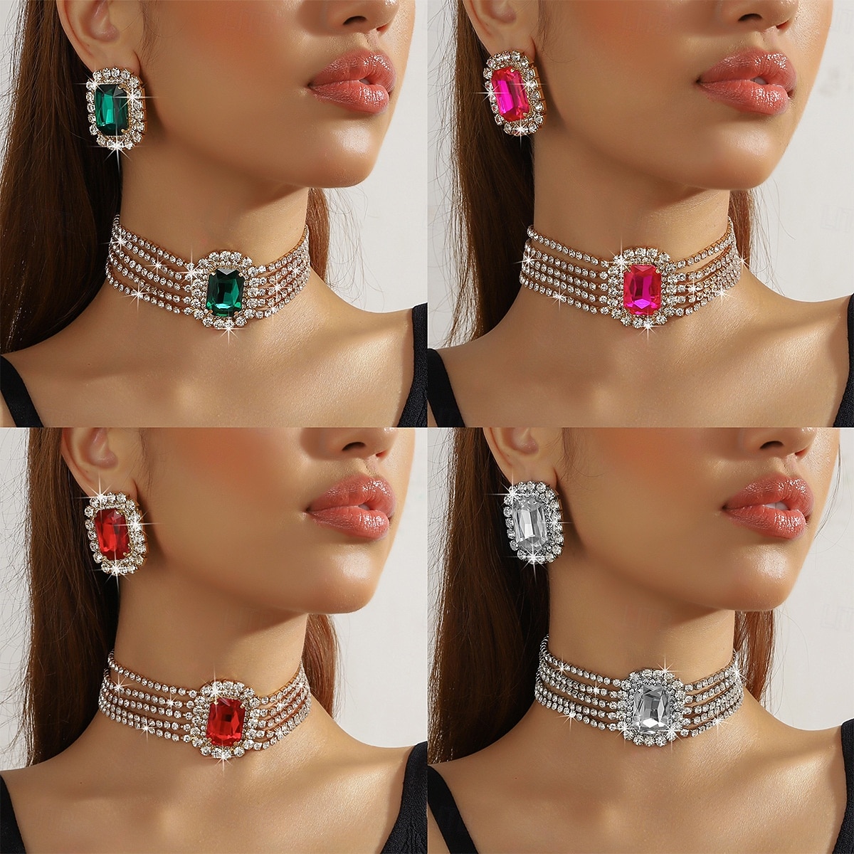 collana girocollo da donna con strass verde smeraldo &set di orecchini, gioielli con cristalli color oro, stile glamour per le feste &eventi serali del 2026 a $18.99 –P1
