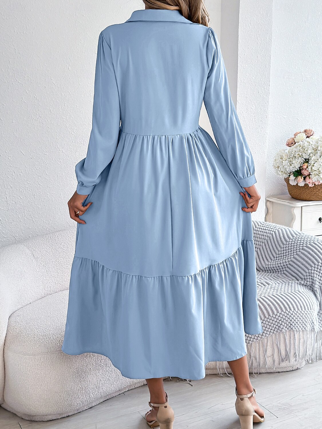 Women's Midi Dress A Line Dress Casual Daily Regular Fit Plain Long Sleeve Lapel Blue Navy Wine Green Spring 2026 - $36.99 –P10