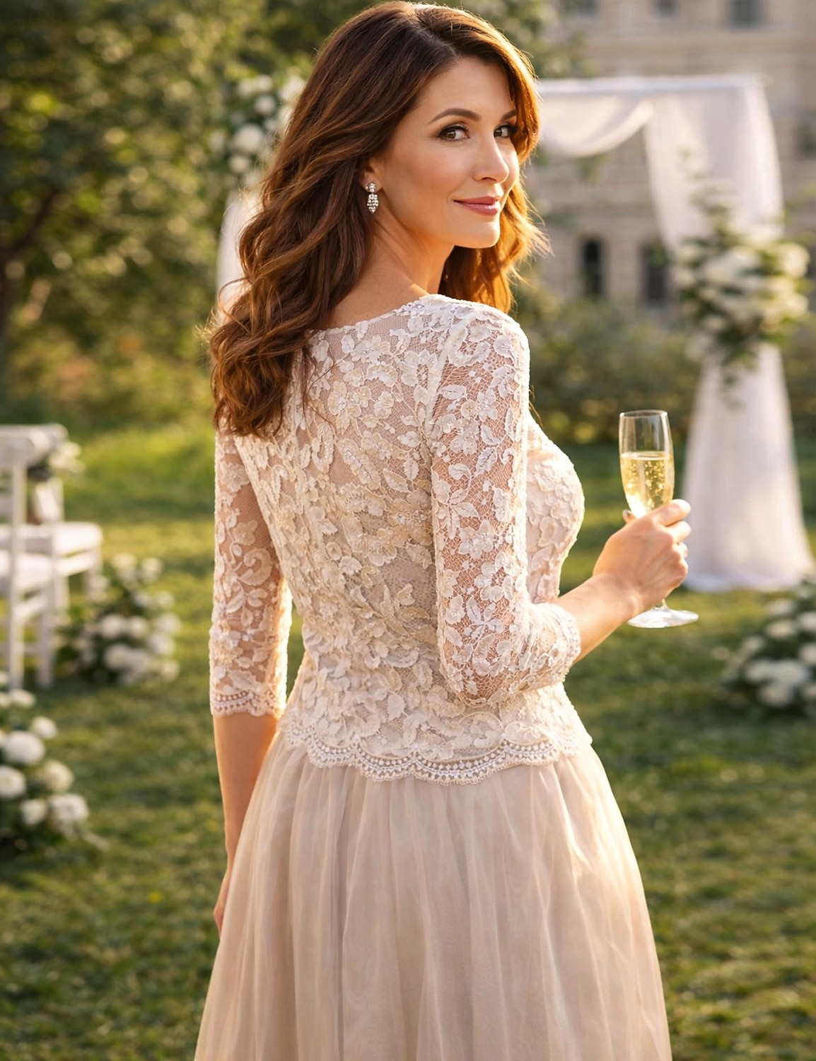 A-lijn Tot de knie Feestjurk Cocktail jurk Bruiloft gast jurk Moeder van de bruid jurk 3/4 mouw Met sieraad Elegant Doorzichtig Bruiloft gast Chiffon Kant Tule met Plooien Appliqués 2026 - $146.99 –P3