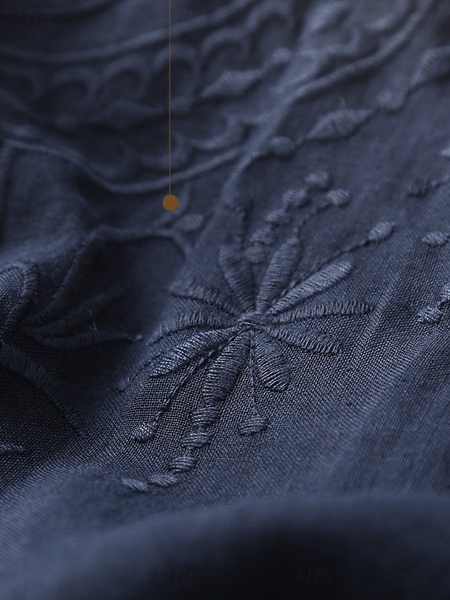 Mulheres Blusa Linho de algodão sintético Bordado Botões Côr Sólida à moda Básico Casual Manga Longa Gola Alta Tops regulares Diário Branco Azul Marinha Verão Primavera de 2026 por $31.99 –P7