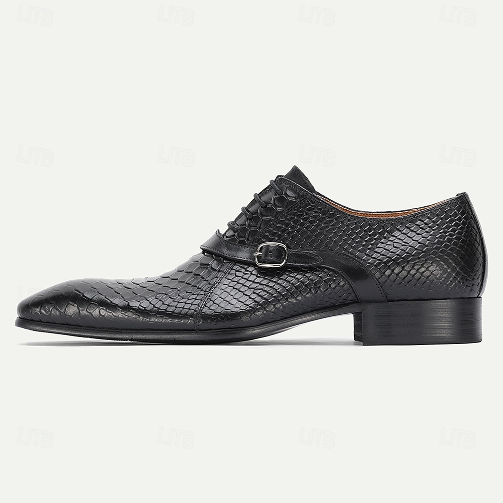 Svarte herresko med krokodillemønster og munkreim – premium skinn med klassisk design, perfekt for bryllup, formelle anledninger og kontorantrekk 2026 - $109.99 –P4