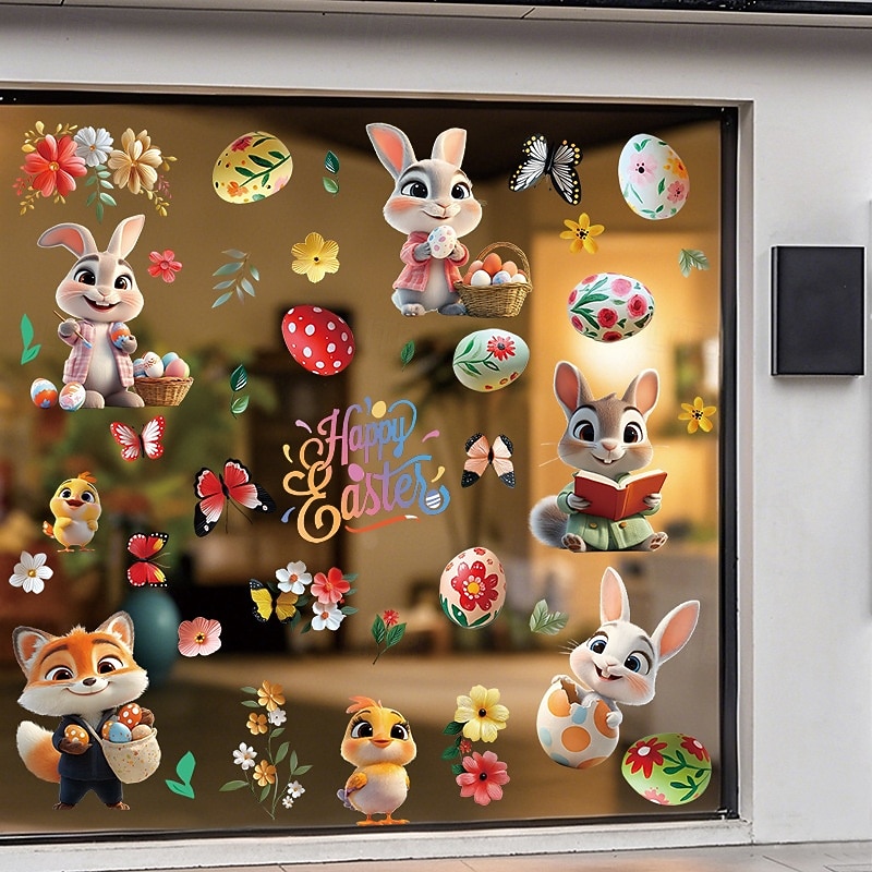 9 listů velikonočních samolepek na okna, velikonoční motocyklový zajíček s roztomilým králíkem a vajíčkem do výlohy, statické samolepky na okna. 2026 - $9.99 –P7