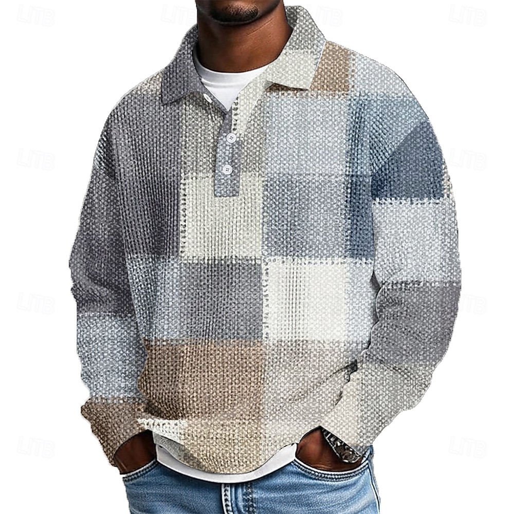 Per uomo Blocco di colori A quadri Magliette Polo a Nido d'Ape Manica Lunga Magliette polo Bavero Abbigliamento Sportivo Casual Scuola Athleisure Abbigliamento quotidiano Stampa 3D Primavera Autunno del 2026 a $28.99 –P1
