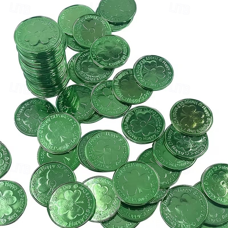 Złote monety na dzień św. Patryka - 100/200 sztuk złotych zielonych monet na szczęście, plastikowe monety koniczyna skrzat, moneta z 3-listną koniczyną do dekoracji i upominków na imprezę 2026 - $26.79 –P10