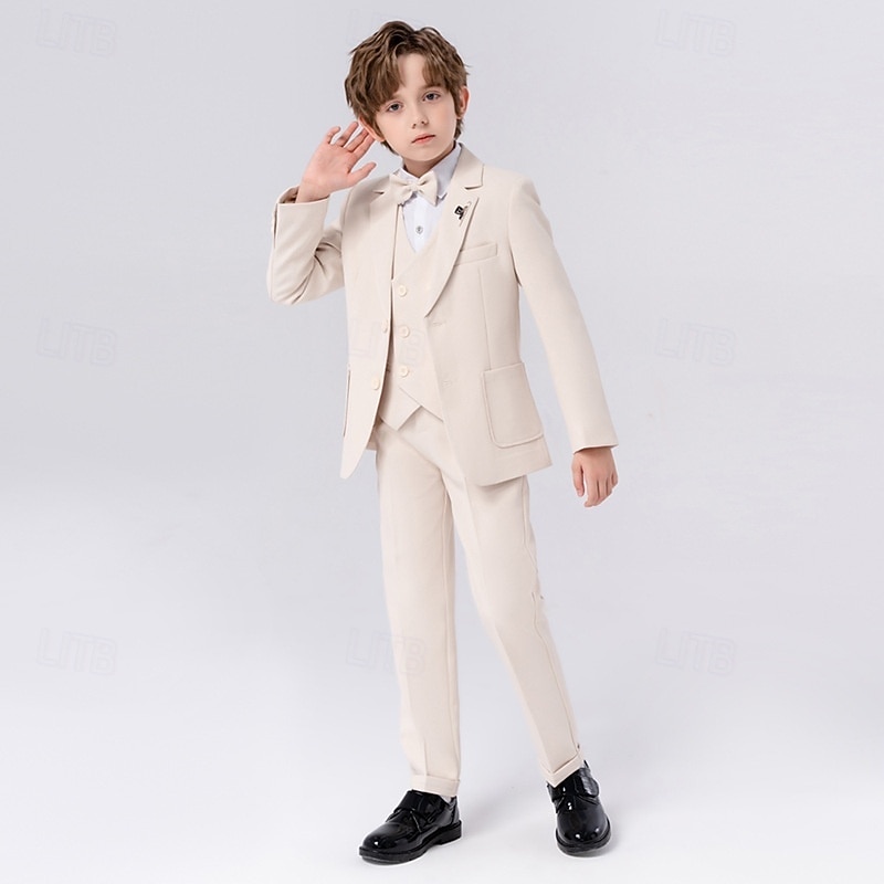 Costume 5 pièces pour garçon d'honneur, avec blazer. &gilet & pantalon  &Costume garçon avec cravate, tenue décontractée pour les fêtes en extérieur, style basique, bleu, beige, gris, polyester de 2026 ? $57.99 –P2