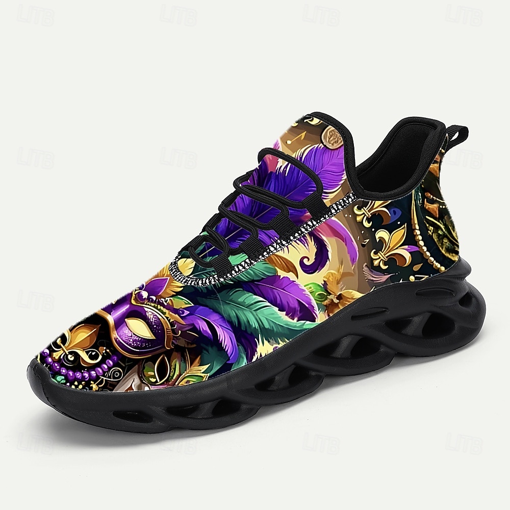 Men's Mardi Gras Purple and Green Carnival Slip-On Shoes with Feather Mask Pattern – Comfortable and Stylish Footwear for Carnival, Parades and Festivals 2026 - $42.99 –P3