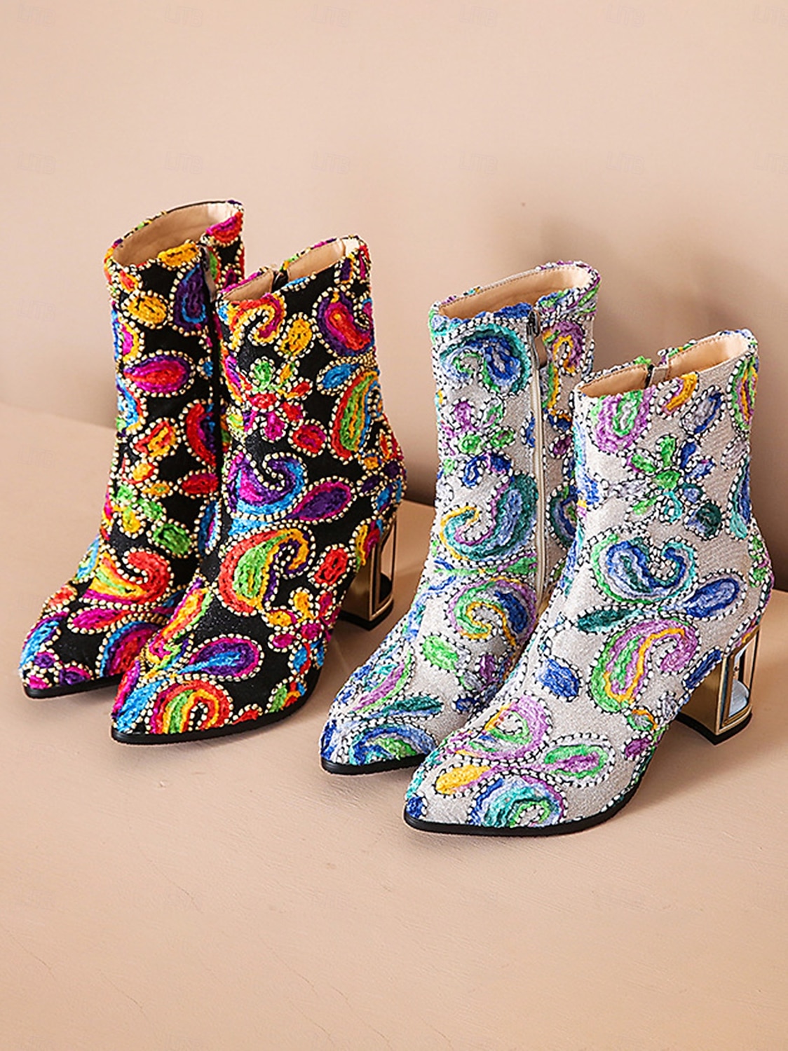 Kobiece botki z cekinami i haftem – Kolorowe krótkie buty barokowe w stylu karnawałowym na imprezy festiwale i bal maskowy 2026 - $84.99 –P1