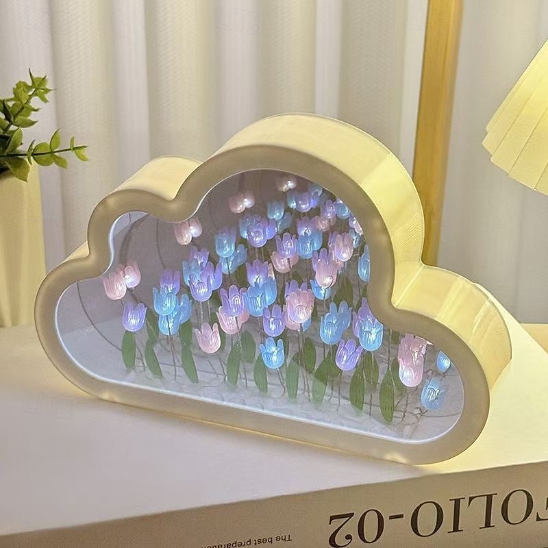 Lampka nocna z lustrem i chmurką w kształcie tulipana, dekoracyjna lampka nocna z symulowanym kwiatem, dekoracja stołu do salonu, prezent dla przyjaciółki dziecka, ozdoba na biurko tworząca atmosferę 2026 - $17.99 –P4