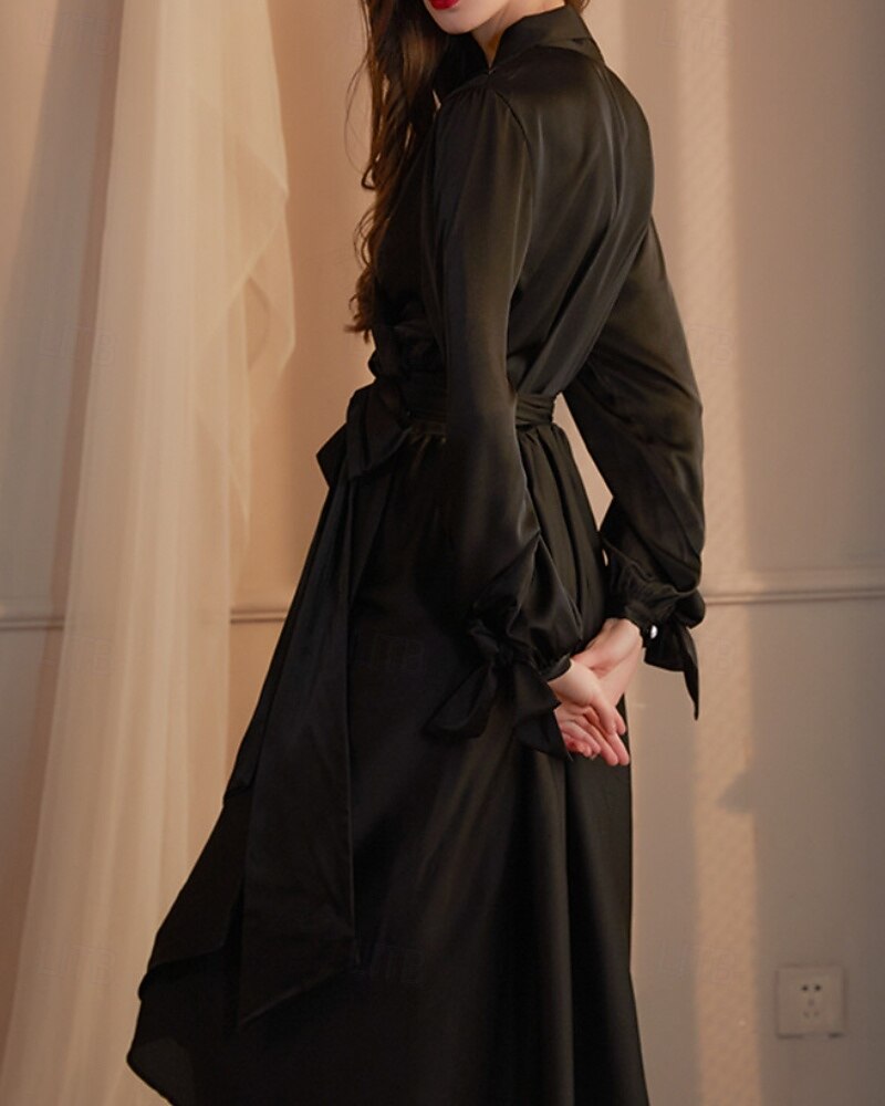 Dámské Župan Na běžné nošení Měkké Satén Čistá barva Nabírané šaty Šněrování Denní Domů Postel Dlouhý rukáv Do V Černá Bílá Šampaňská Světlá růžová Fialová Léto Jaro Běžný 2026 - $54.99 –P6