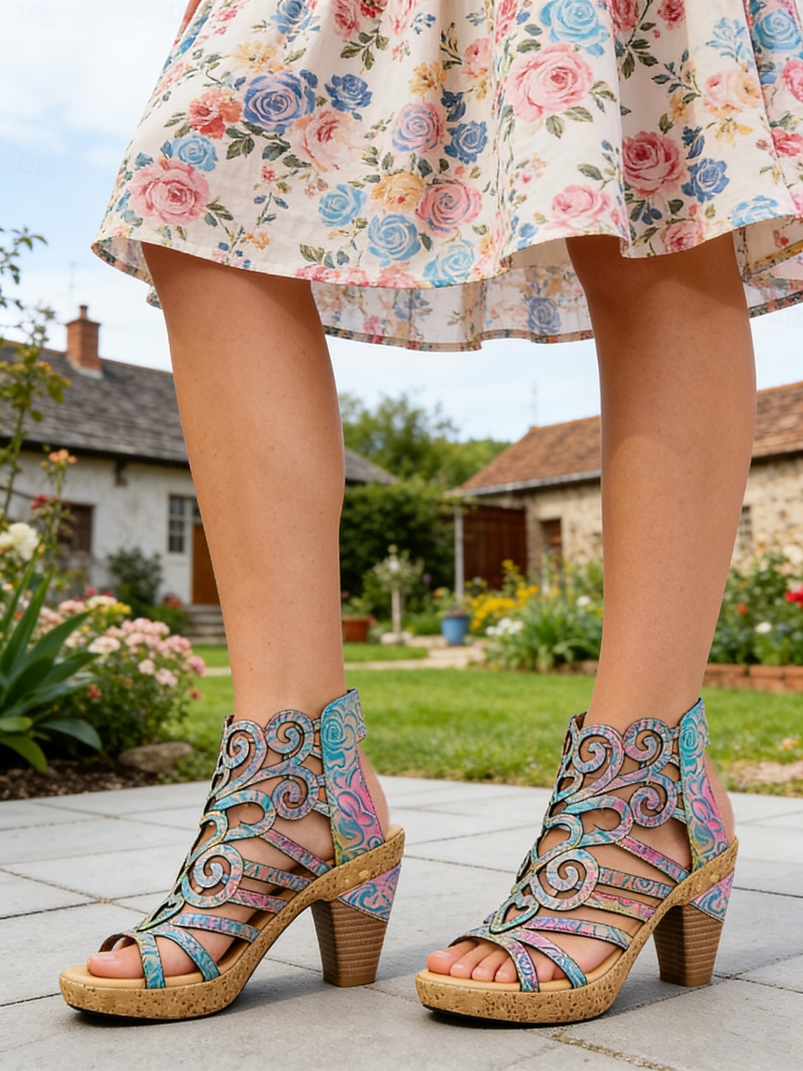Bunte Damen-Sandalen aus Rindsleder mit lasergeschnittenem Blockabsatz und Klettverschluss im Boho-Gladiator-Stil für Gartenpartys, Festivals und besondere Anlässe. 2026 - $84.99 –P2