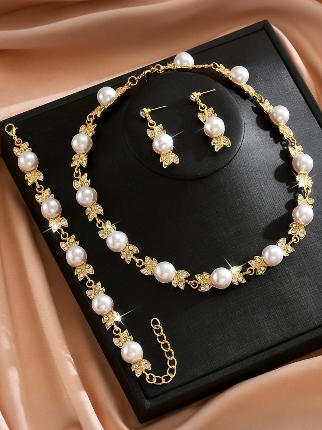 γυναικείο χρυσό &Σετ κοσμημάτων από ελεφαντόδοντο με μαργαριτάρια, κολιέ με στρας, σκουλαρίκια-βραχιόλι, κομψό νυφικό στυλ για γάμο &επίσημες εκδηλώσεις 2026 - $11.99 –P3