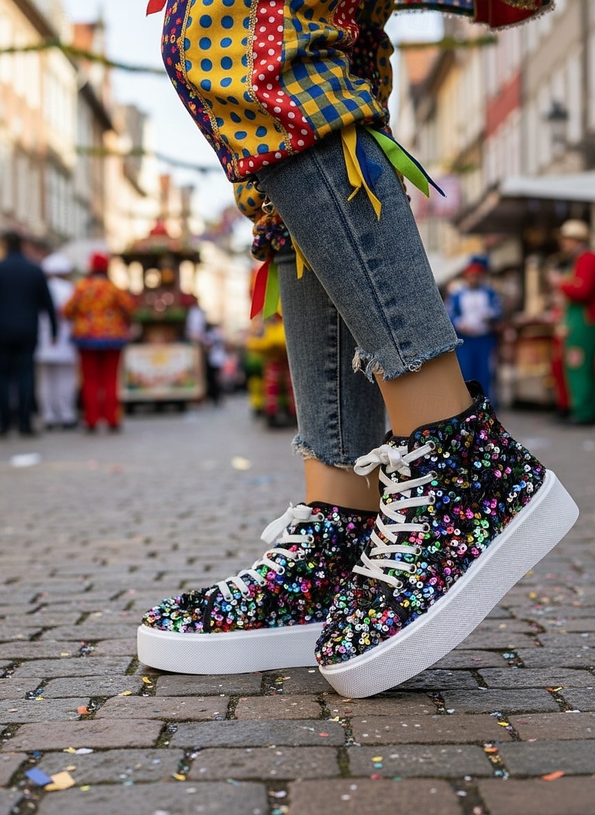 Women's Mardi Gras Black Colorful Sequin High-Top Sneakers – Trendy Festival Shoes for Carnival, Parades and Street Parties 2026 - $46.99 –P6