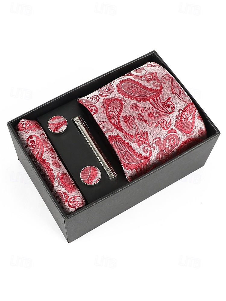 Geschenkset für Herren aus Polyester mit Paisley-Muster: Krawatte, Manschettenknöpfe, Einstecktuch und Krawattenklammer – perfekt für Hochzeiten und als Geschenk. 2026 - $14.99 –P7