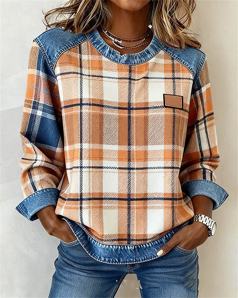 Women's Pullover Sweatshirt Patchwork Print Plaid Color Block Plain Elegant Warm Punk Long Sleeve Round Neck Regular Tops Home Work Street Dark Yellow Light Brown Orange Spring 2026 - $35.99 –P2