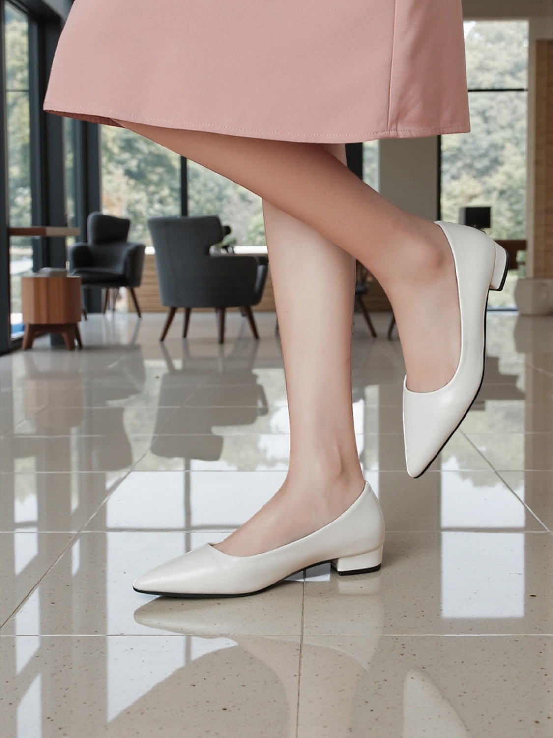 Women's Elegant White Pointed Toe Flats with Low Block Heel, Comfortable and Stylish Footwear for Casual or Office Wear 2026 - $26.99 –P9