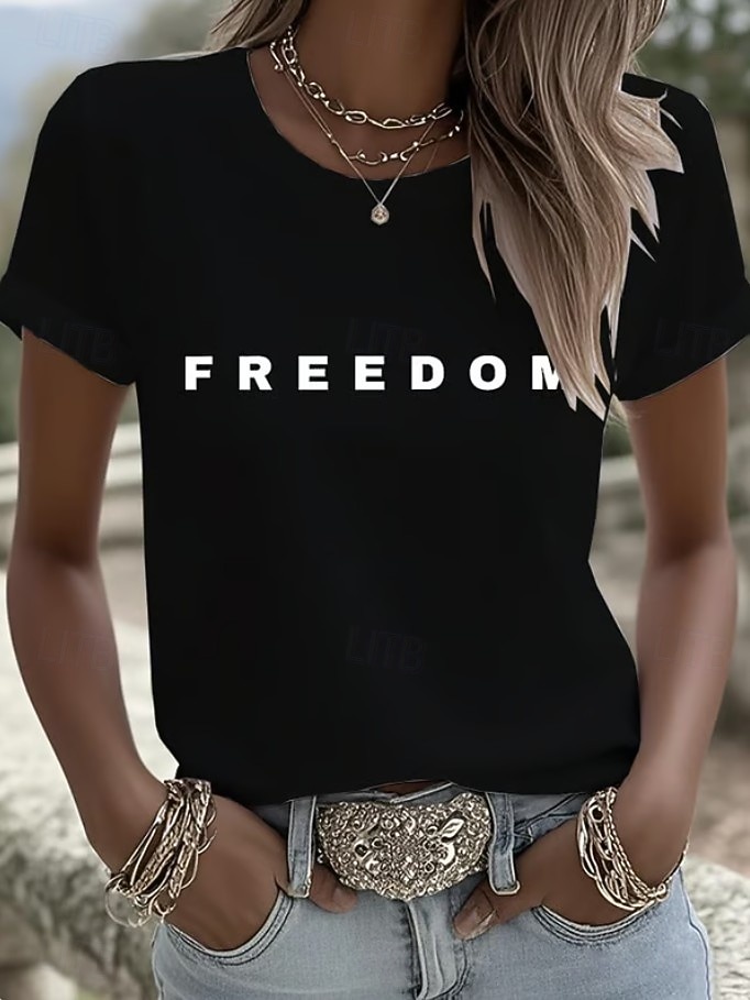 Maglietta patriottica da donna per il Giorno dell'Indipendenza grafica lettera bandiera vintage elegante classica maniche corte colletto a crew tops regolari stampa quotidiana weekend nera bianca del 2026 a $22.99 –P3