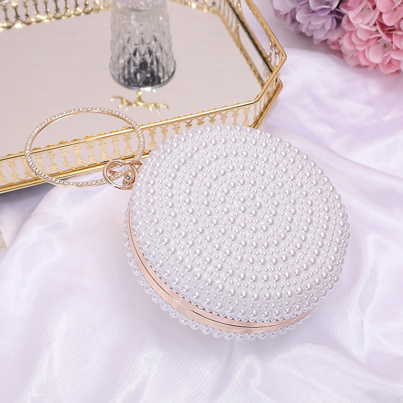 Women's Wallet Evening Bag Evening Bag Coin Purse Leather Party Wedding Party Pearls Solid Color Gold / White Almond 2026 - $42.99 –P4