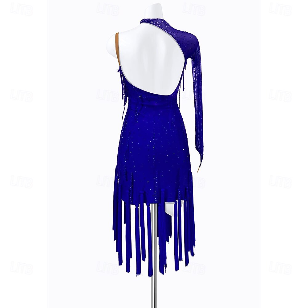 Women's Royal Blue Rhinestone Fringe Latin Dance Dress - One Long Sleeve Asymmetrical Ballroom Performance Costume 2026 - $273.39 –P2