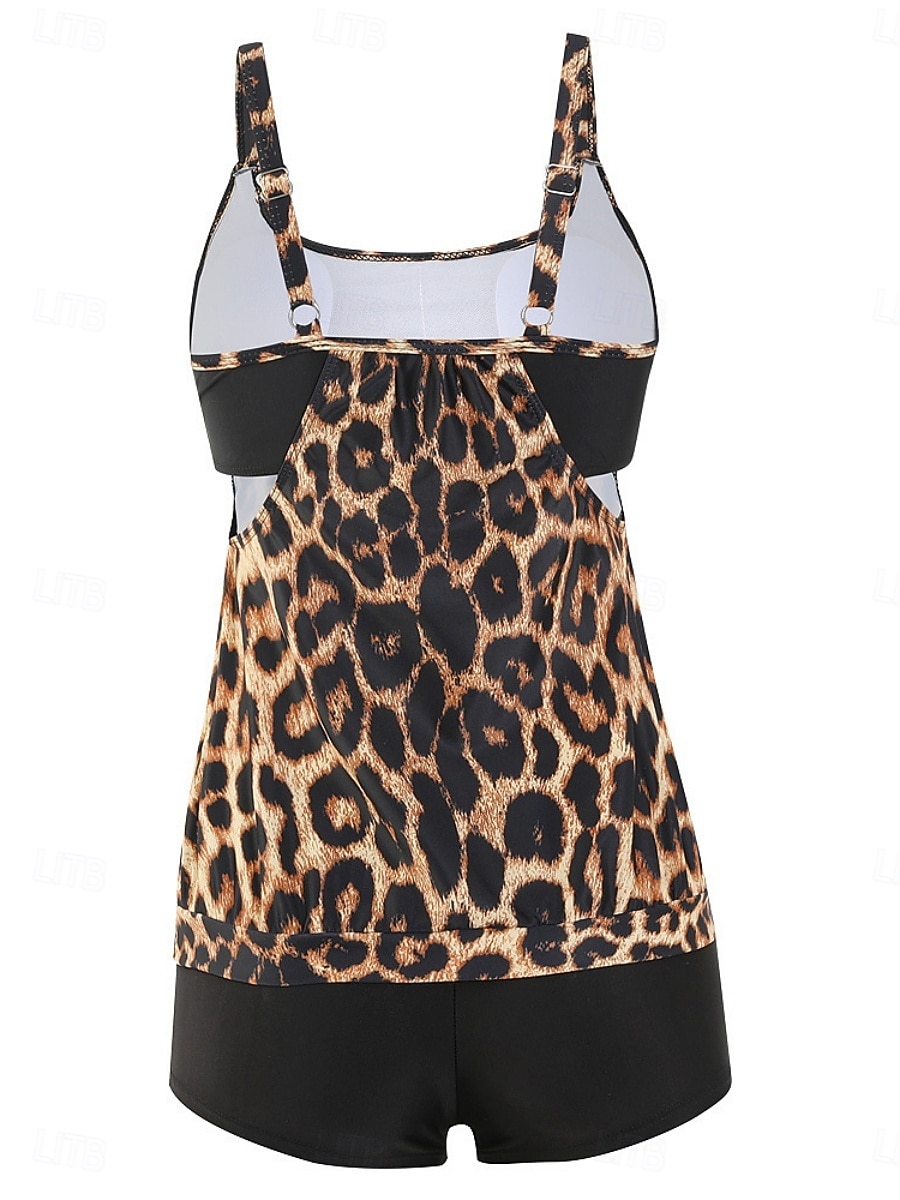 Bañador de tankini de 2 piezas para mujeres leopardo pantalones cortos control de abdomen alta cintura delgado espalda descubierta para vacaciones playa hojas cuello redondo sin mangas 2026 - $33.99 –P3