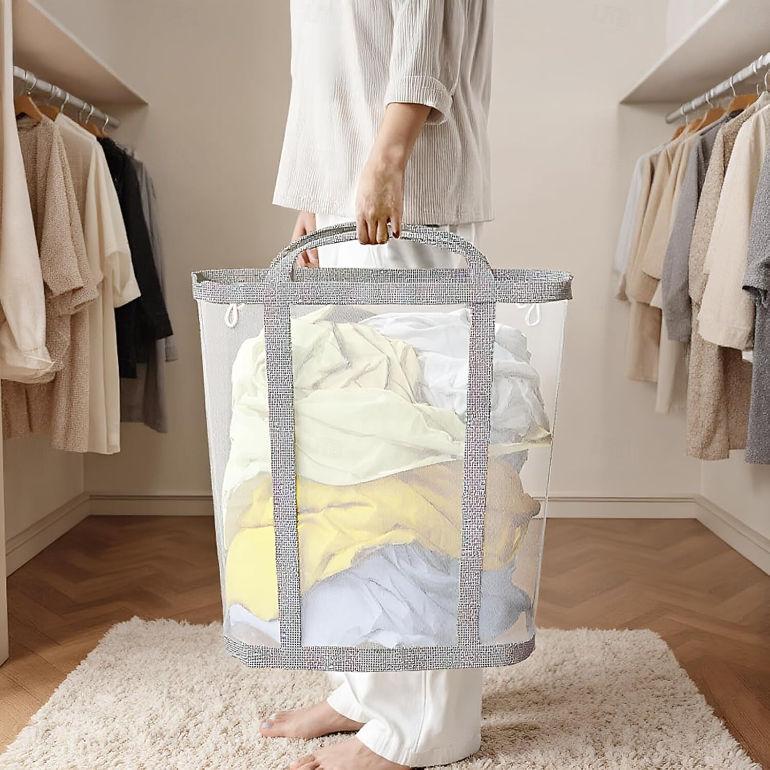 1ks přenosný síťovaný koš na prádlo skládací polyesterový úložný organizér prodyšný látkový váček závěsný organizér na prádlo na špinavé prádlo, hračky a různé předměty vysouvací koš na prádlo 2026 - $16.99 –P6