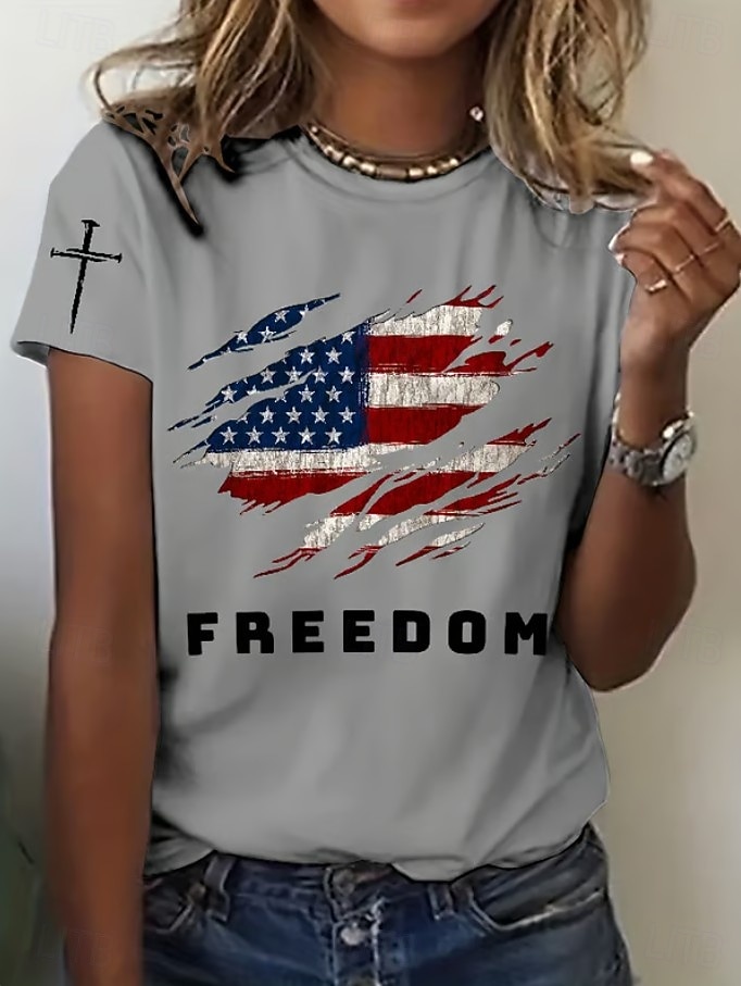Independensdagen Patriotiska Kvinnor T-shirt Grafisk Flagga Flagga Vintage Stylistisk Klassisk Kortärmad Crew Neck Rund Hals Reguära Toppar Dagligen Helg Tryck Blå Svart Vit Röd Grå Sommar Vår 2026 - $22.99 –P8