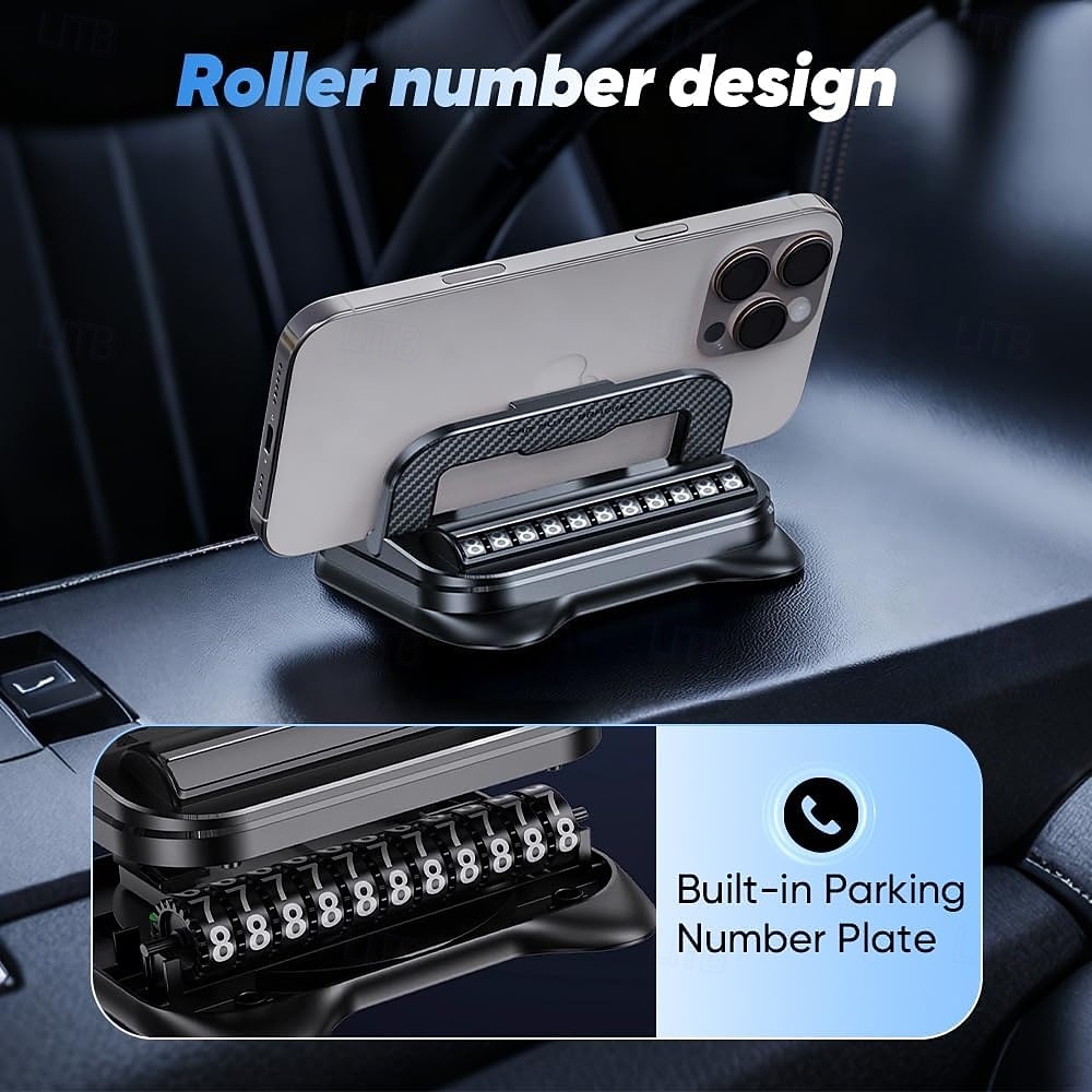 2-i-1 360° roterbar biltelefonholder med parkeringsnummerplate - sammenleggbar, justerbar sklisikker base, dashbord-/nakkestøttefeste, kompatibel med de fleste kjøretøy, biltelefonholder, biltilbehør 2026 - $11.49 –P5