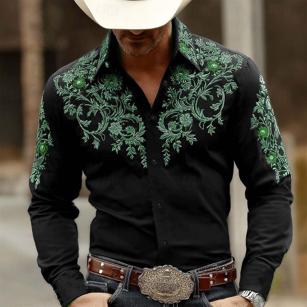 Men's Paisley Floral Print Ethnic Shirt Western Shirt Cowboy Shirt Long Sleeve Vintage Retro Casual Outdoor WorkWear Spring Fall Turndown 3D Print Button Up Shirts Black+ Khaki Black / Green Black 2026 - $27.99 –P3