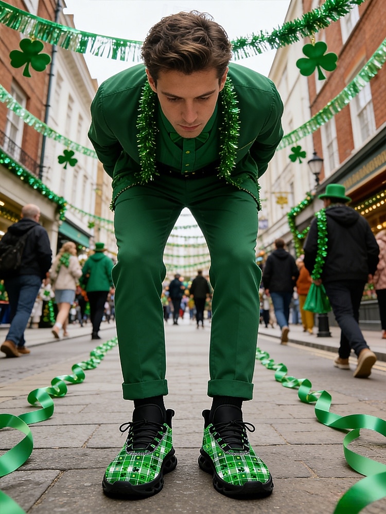 Tênis masculino para o Dia de São Patrício – estampa xadrez verde com trevos, ideal para desfiles e comemorações. de 2026 por $46.99 –P2