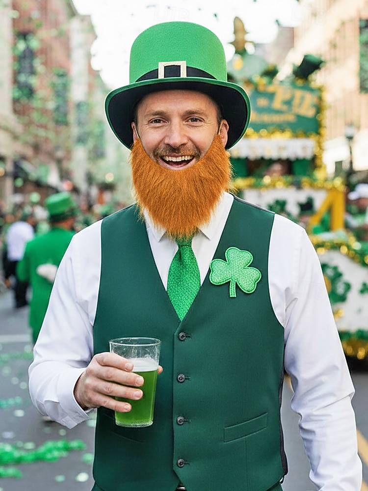 2026年 男性用聖パトリックの日のレプラコーンコスチュームアクセサリーセット、ポリエステル素材、バックル付きグリーンのトップハット、偽のひげ、蝶ネクタイとネクタイセット、パーティーや休日のお祝い  コレクション – $24.99 –P3