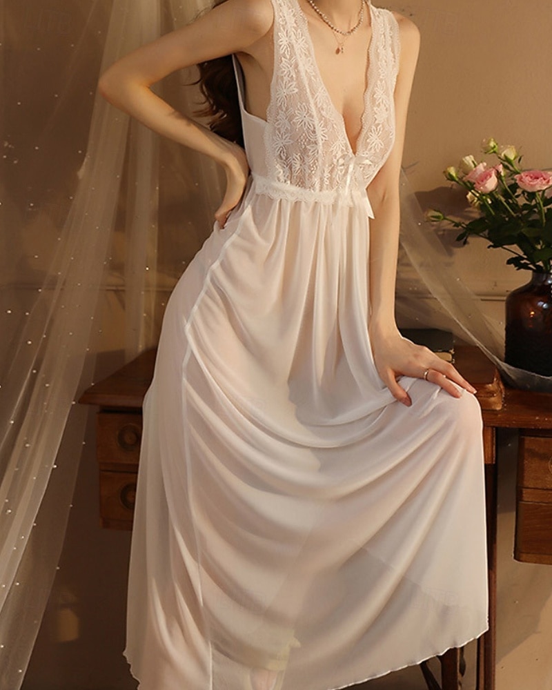 Dames Nachtjapon Casual Zacht Satijn Heldere kleur Lapwerk Netstof Dagelijks Huis Bed Mouwloos V-hals Zwart Wit Wijn Zomer Ruim Passend 2026 - $18.49 –P2