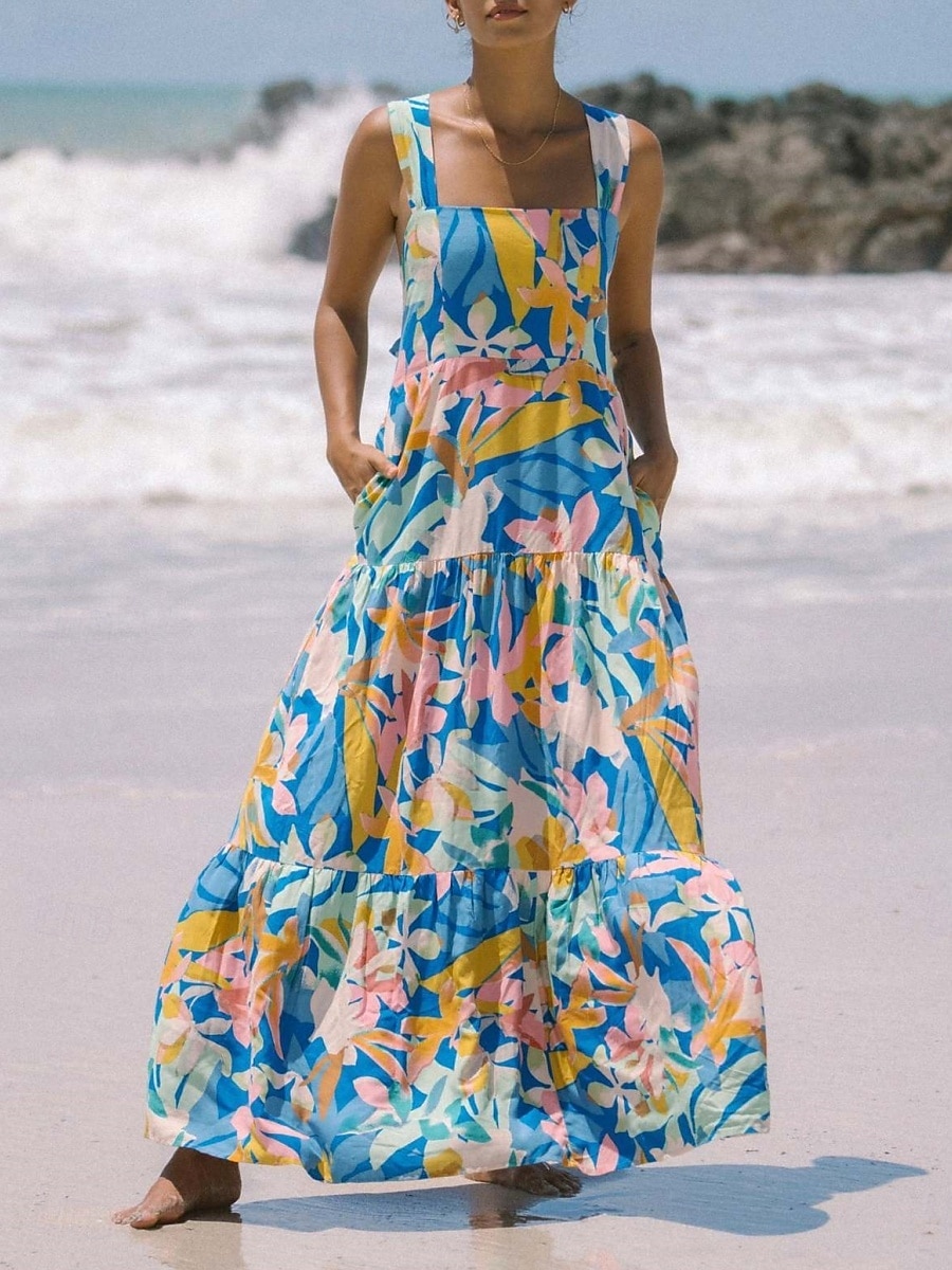 Damskie Sukienka maxi Sukienka A line Sukienka na ramiączkach Urlop Codzienny Na zewnątrz Wyjściowe Luźna Kwiaty Graficzny Bez rękawów Cienkie ramiączka Niebieski Błękit nieba Pomarańczowy Zielony 2026 - $33.99 –P18