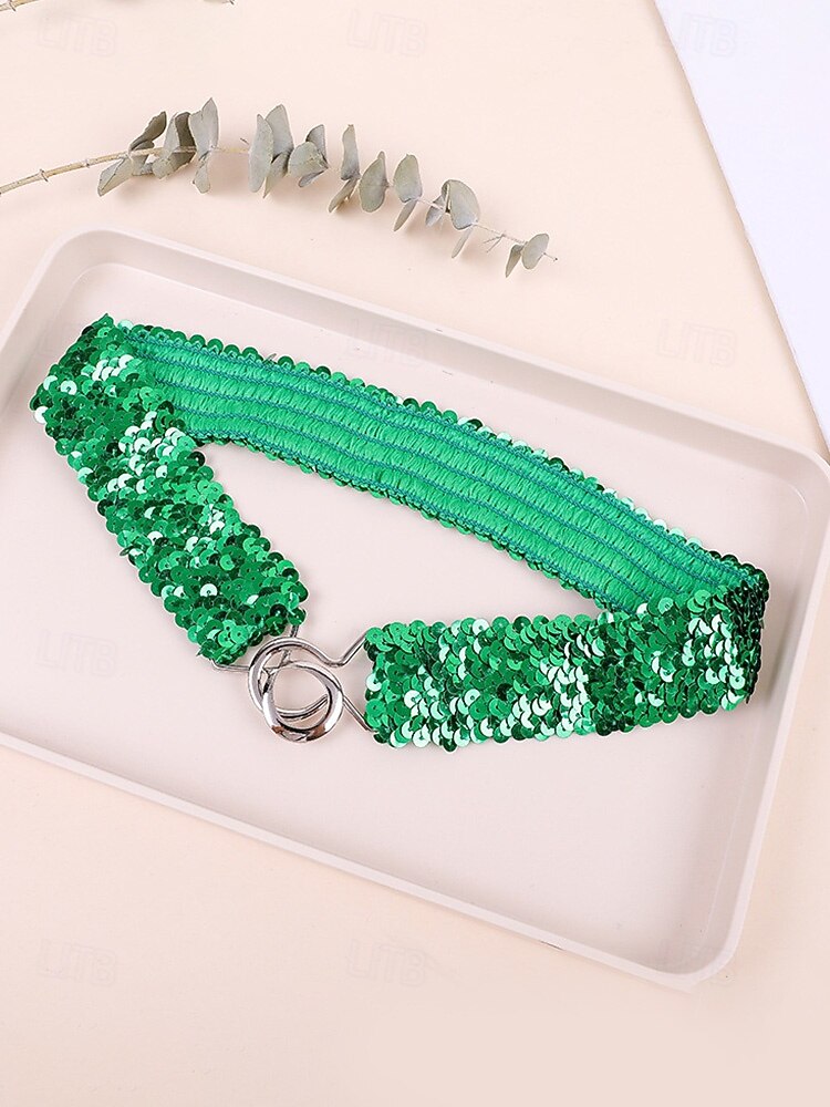 Cinto feminino de lantejoulas, em poliéster elástico, disponível em várias cores, perfeito para o Dia de São Patrício, carnaval e uso diário. de 2026 por $11.99 –P4