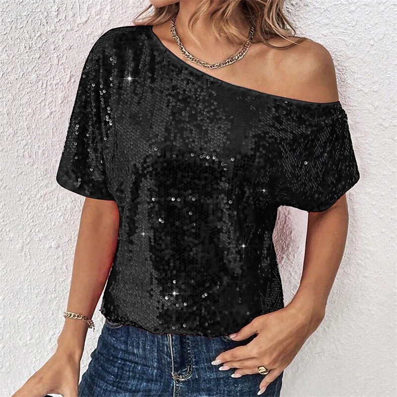 Damen Sommeroberteile Bluse Elegante Oberteile Pailletten-Oberteile Gerafft Pailletten Patchwork Einfarbig Einfach Elegant Vintage Damen Kurzarm Schulterfrei Normale Oberteile Täglich Arbeit Ausgehen 2026 - $11.49 –P1