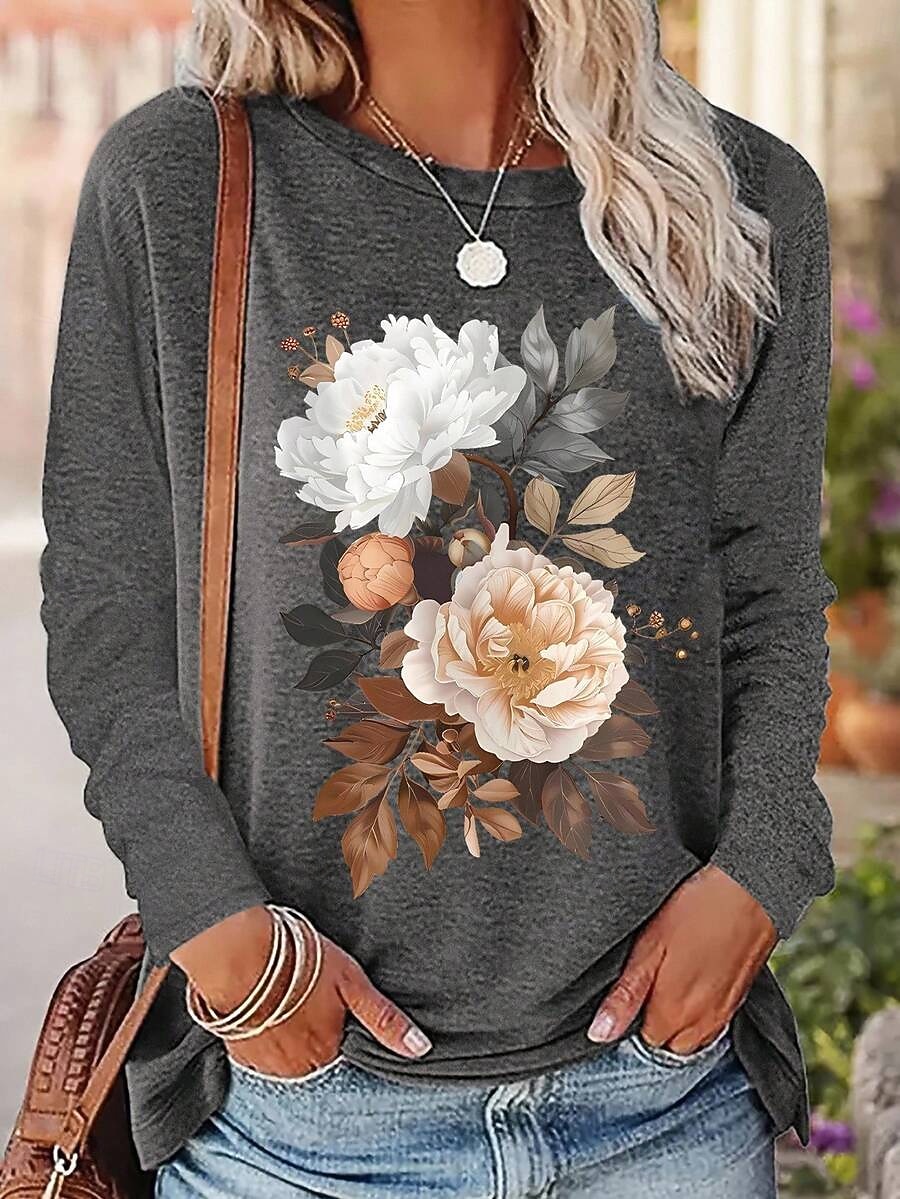 Dam T-shirt Mönster Blommig Grafisk Växter Mode Stylish Klassisk Långärmad Rund hals Vanliga toppar Dagligen Helgen Grå Sommar Vår Höst 2026 - $24.99 –P1