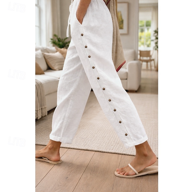 Women's Summer Pants 100% Cotton Pants Trousers Vacation Streetwear Casual Full Length Medium Waist Solid Color Drawstring Pocket Side Button Comfortable Breathable Inelastic Daily Outdoor Street 2026 - $29.99 –P1