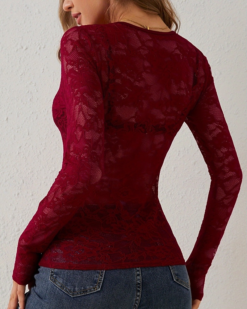 Mulheres Blusa Tops de renda Renda Tecido à moda Sensual Manga Longa Decote V Tops regulares Diário Feriado Para Noite Preto Branco Vinho Azul Marinha Verde Esmeralda Outono Inverno de 2026 por $22.99 –P8