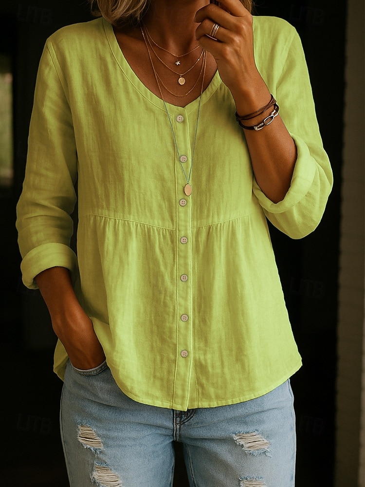 Blusa de Algodón y Lino para Mujeres Botones Color Sólido Elegante Casual Manga Larga Cuello en V Tops Regulares Diario Blanco Amarillo Rosa Verde Verano Primavera Otoño 2026 - $21.99 –P4