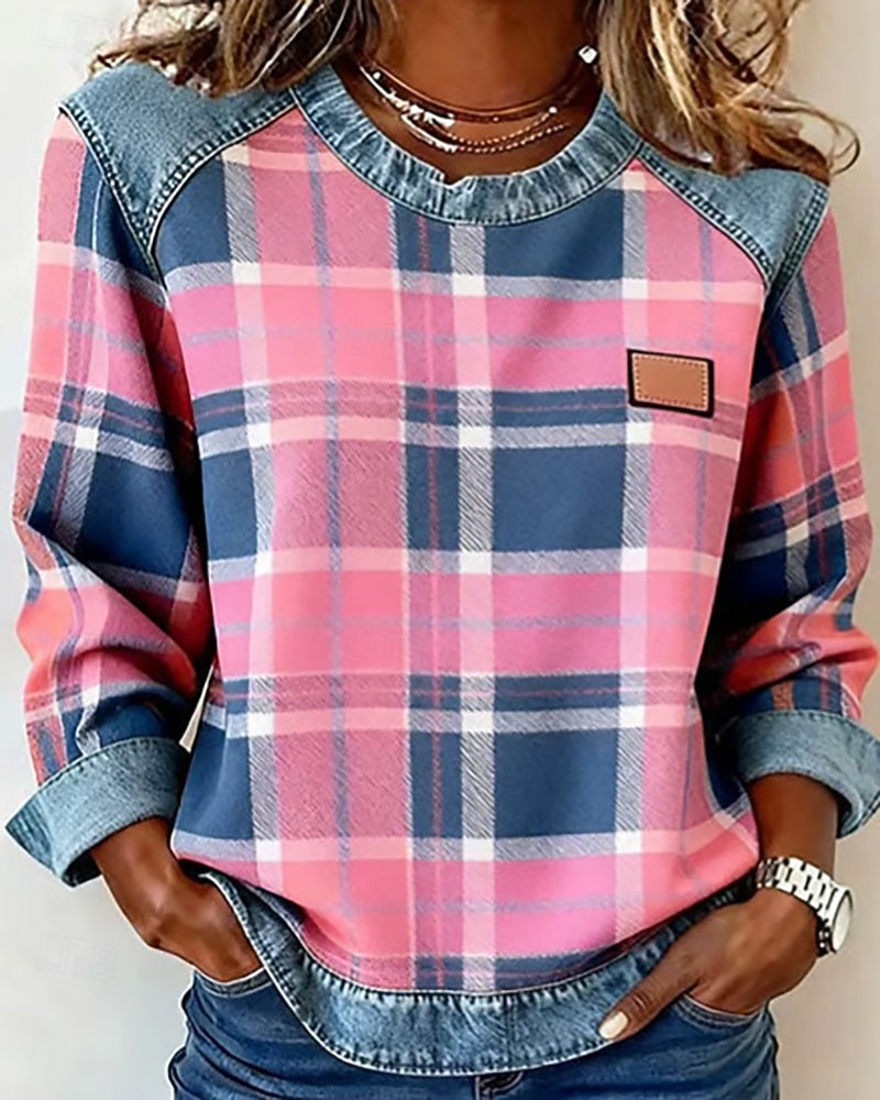 Dames Blouse Lapwerk Ruitjes Kleurenblok Elegant Vintage Stijlvol Lange mouw Strakke ronde hals Normale tops Dagelijks Feestdagen Uitgaan blauw Zwart Groen Rood / blauw Rose Roze Lente Herfst Winter 2026 - $43.99 –P1