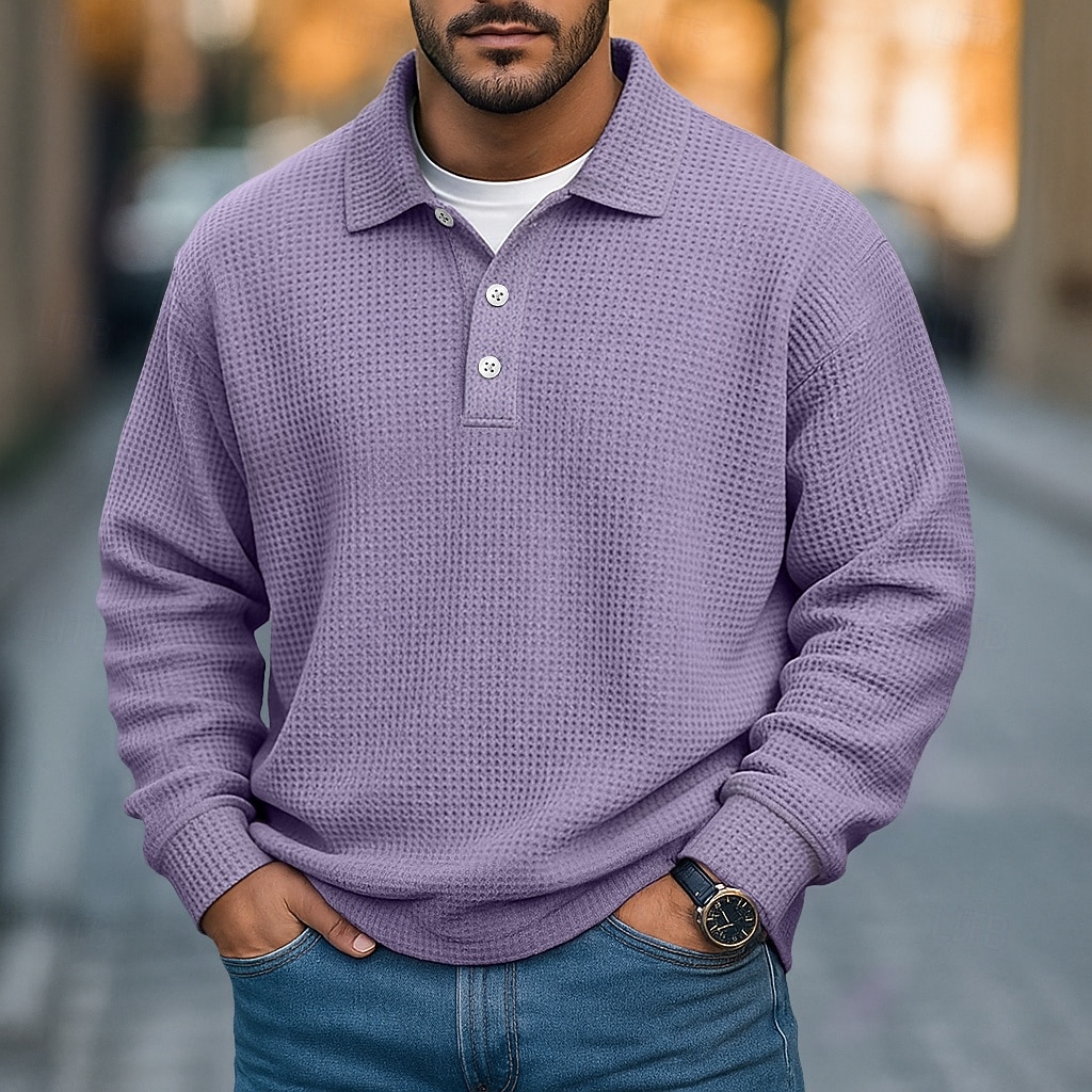 2026年 男性用 ワッフルポロシャツ テクスチャード加工 カジュアル ストリート リブ付きポロカラー 長袖 ファッション 純色 ボタン 平織り 秋 春 & 秋 ルーズフィット パープル カーキ色 ライト ダークブルー ライトブルー ワッフルポロシャツ  コレクション – $26.99 –P1